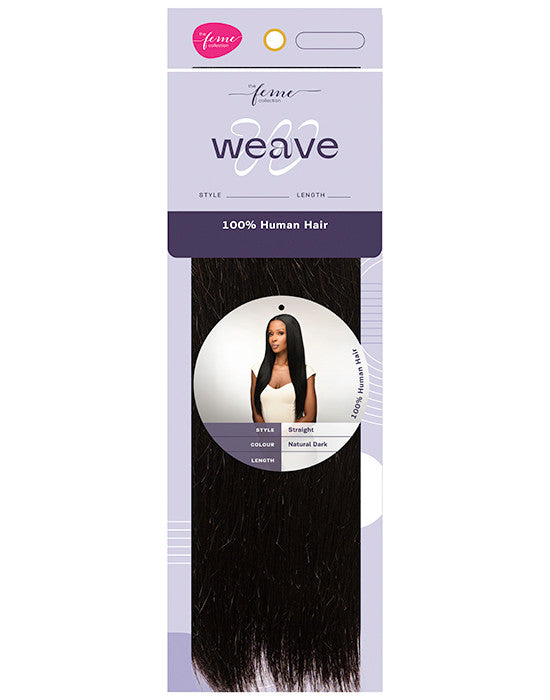 Straight natural dark human hair weave on model with Feme 100% human hair weave packaging