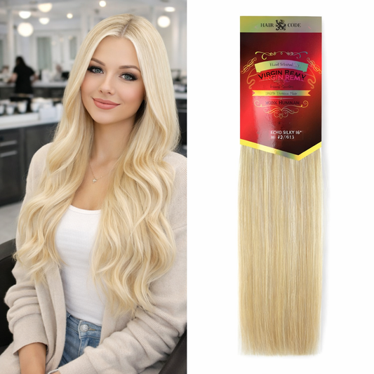 Platinum blonde Echo Silky Virgin Remy human hair extensions shown on model with matching hair packaging