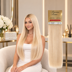 A woman seated in a light upholstered chair wearing a long, straight, platinum-blonde hair extension. To her right is a vertical product inset showing the hair extension bundle with a label that reads 'Russian Remi.