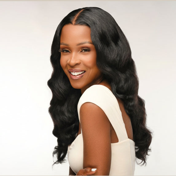 Body wave natural dark human hair weave on model with Feme 100% human hair weave packaging