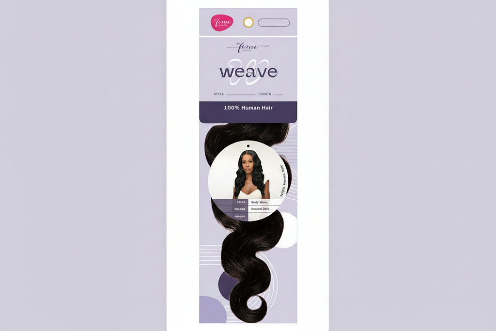 Body wave natural dark human hair weave on model with Feme 100% human hair weave packaging