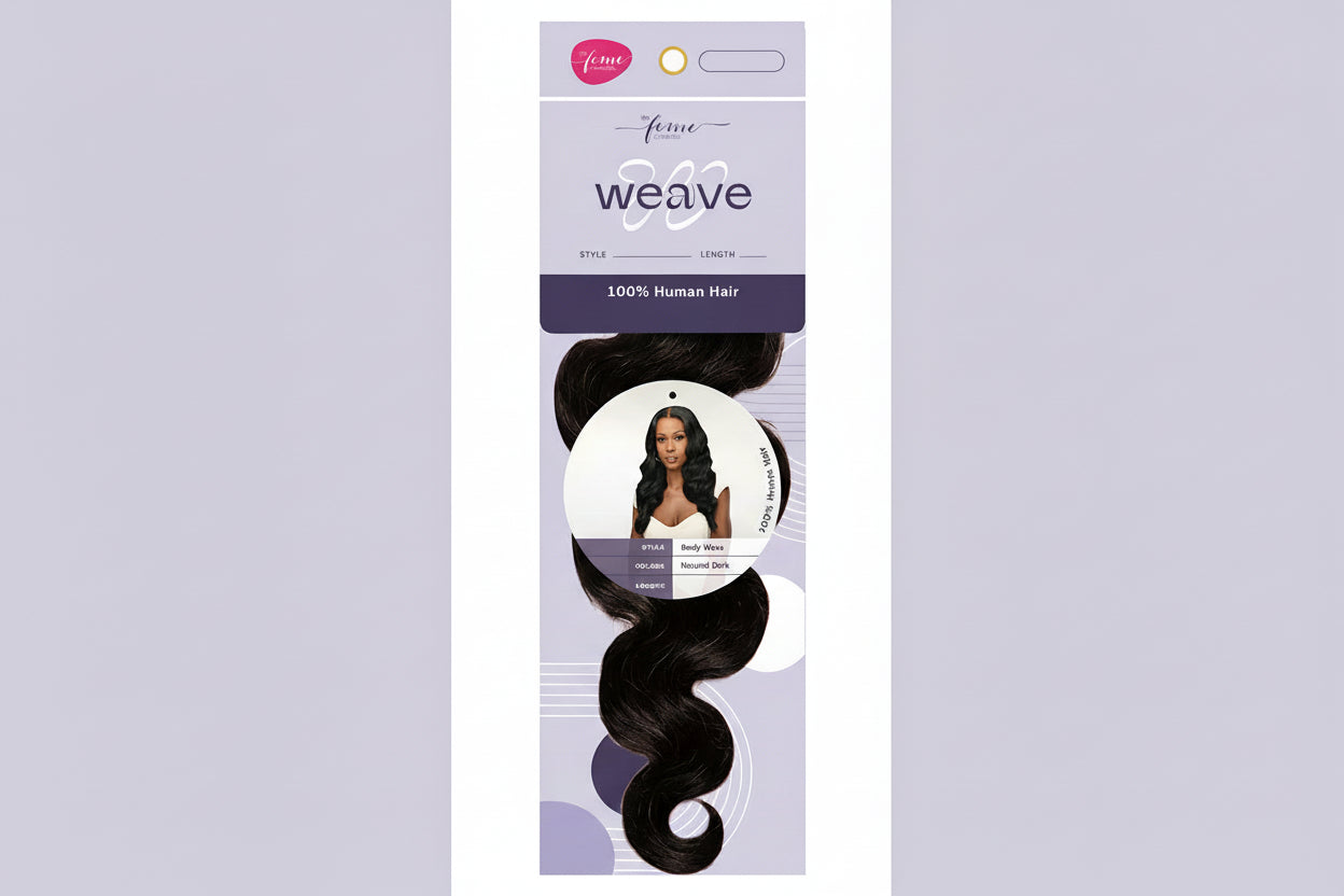 Body wave natural dark human hair weave on model with Feme 100% human hair weave packaging