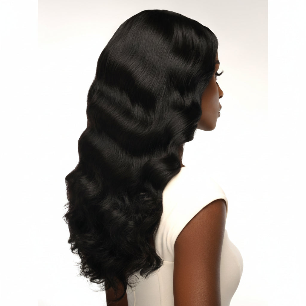 Body wave natural dark human hair weave on model with Feme 100% human hair weave packaging