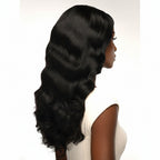 Body wave natural dark human hair weave on model with Feme 100% human hair weave packaging