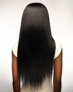 Straight natural dark human hair weave on model with Feme 100% human hair weave packaging