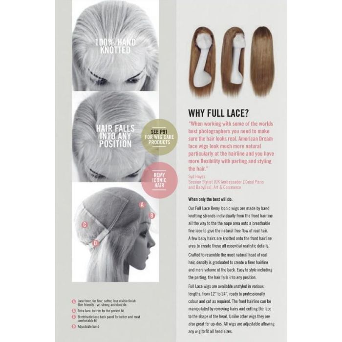 AMERICAN DREAM 100%  REMY HUMAN HAIR FULL LACE WIG: ULTIMATE GRADE SILKY STRAIGHT - (NB PRICE VARIES BY LENGTH/VOLUME)