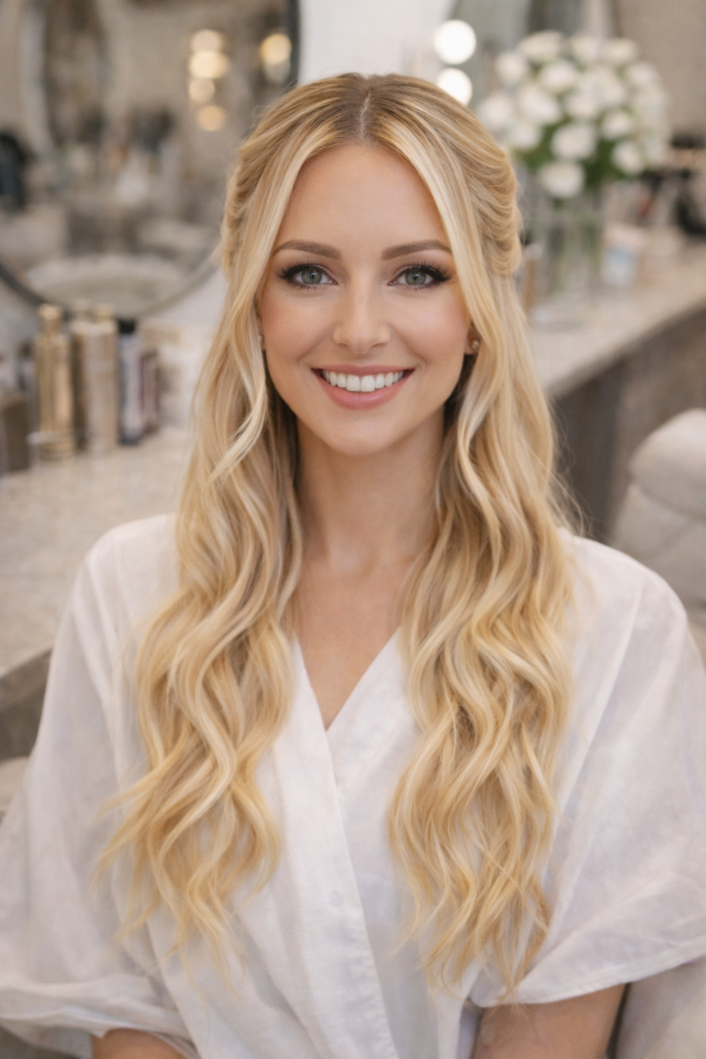 Model wearing blonde nano hair extensions alongside luxury nano bond human hair packaging