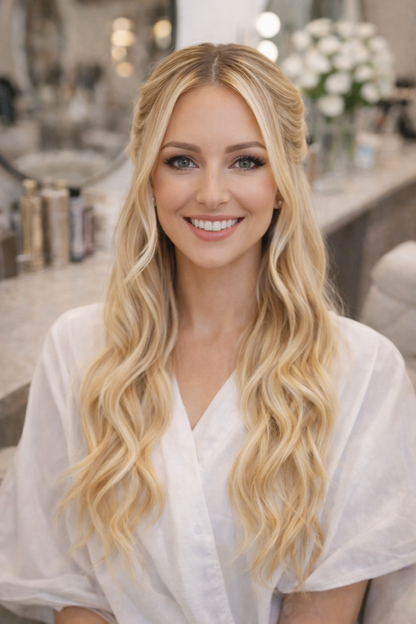 Model wearing blonde nano hair extensions alongside luxury nano bond human hair packaging