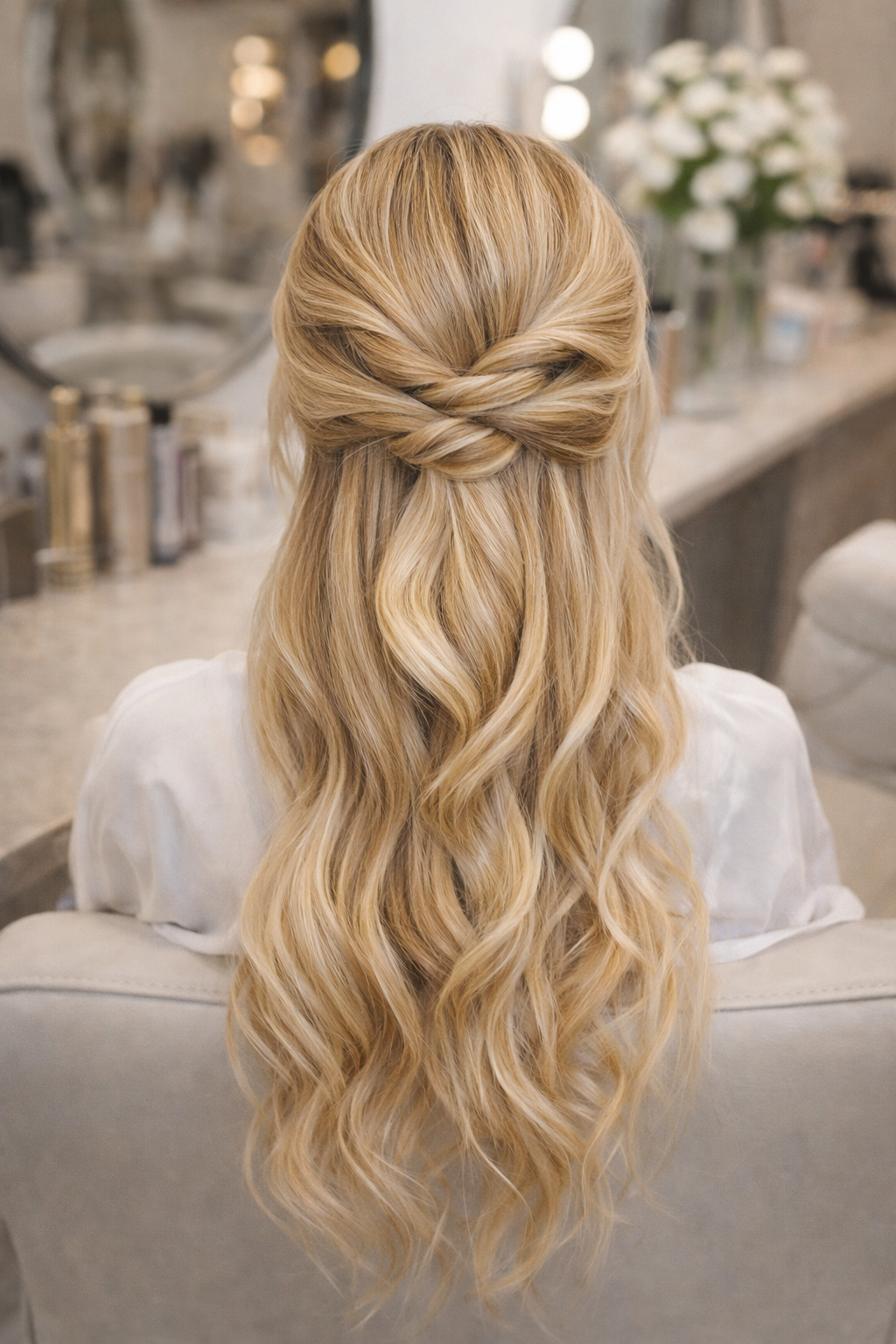 Model wearing blonde nano hair extensions alongside luxury nano bond human hair packaging