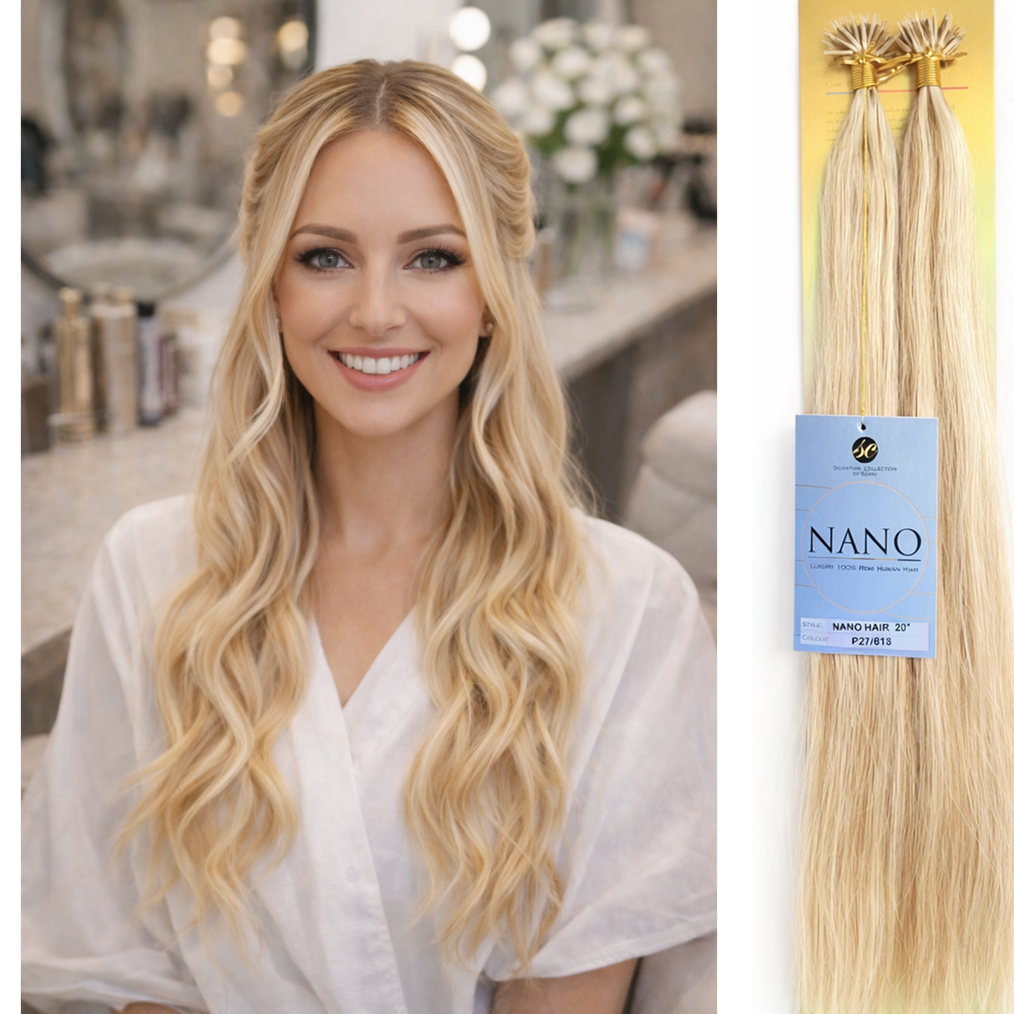 Model wearing blonde nano hair extensions alongside luxury nano bond human hair packaging