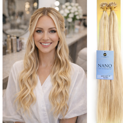 Model wearing blonde nano hair extensions alongside luxury nano bond human hair packaging